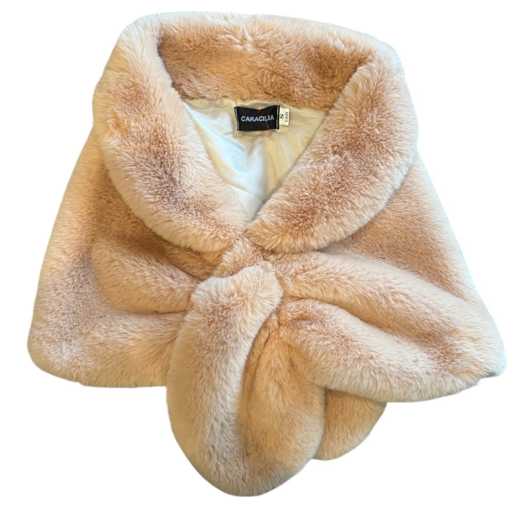Caracilia Blush Peachy Pink Faux Fur Capelet with Front Tie - Picture 3 of 8